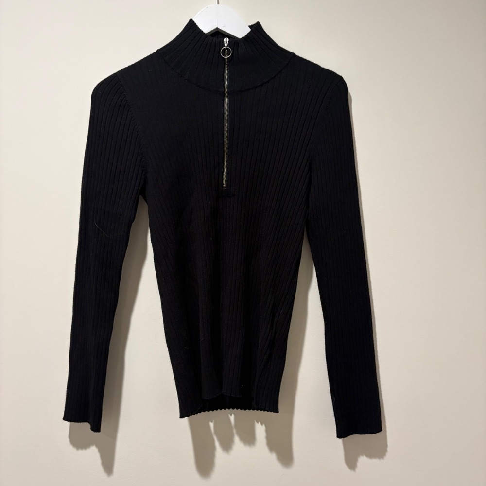 Maeve Anthropologie Black Ribbed Quarter Zip Mock Neck Sweater Large OB1216922